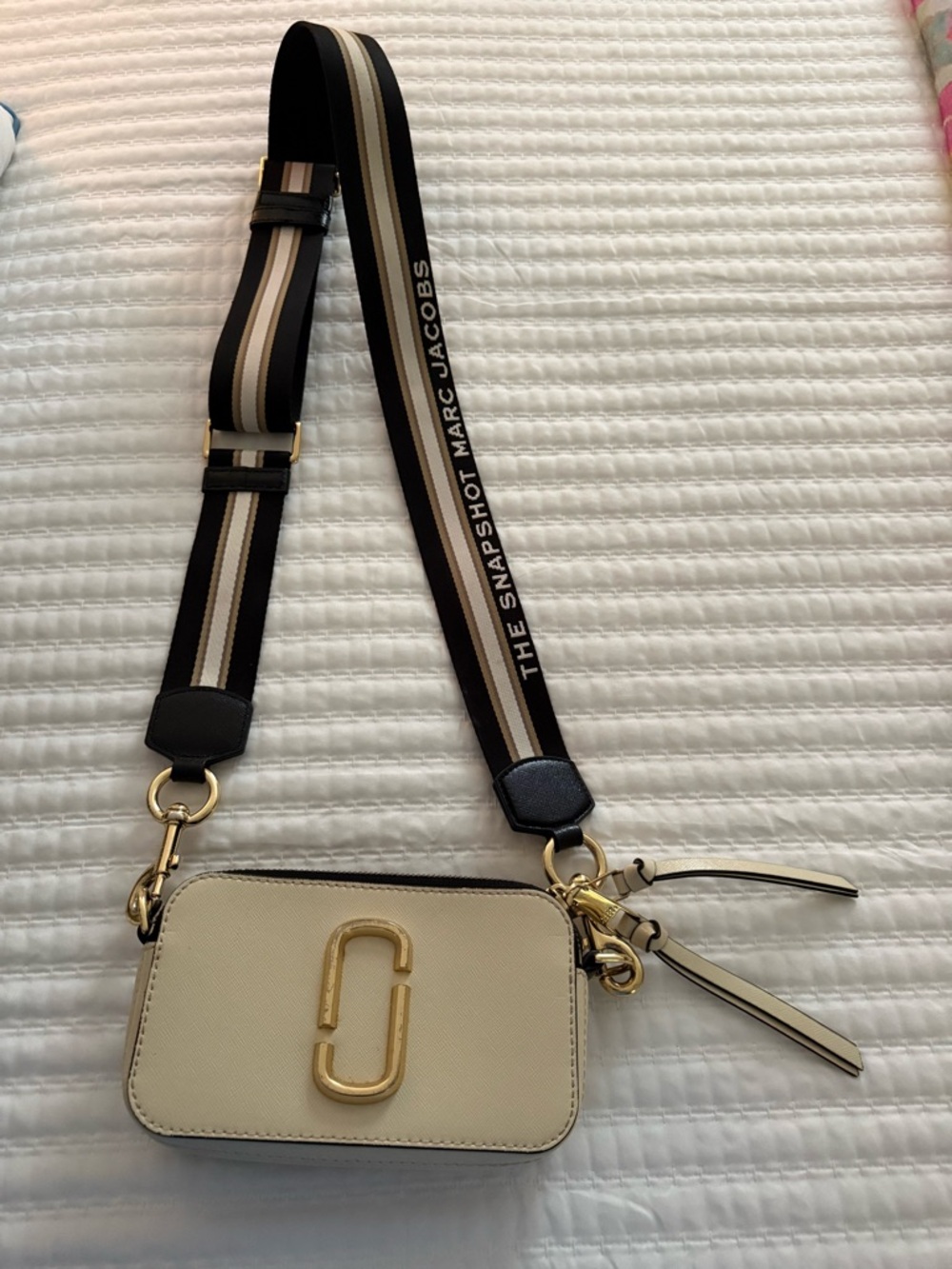 Marc Jacobs Ivory Leather Snapshot Crossbody with Striped Strap